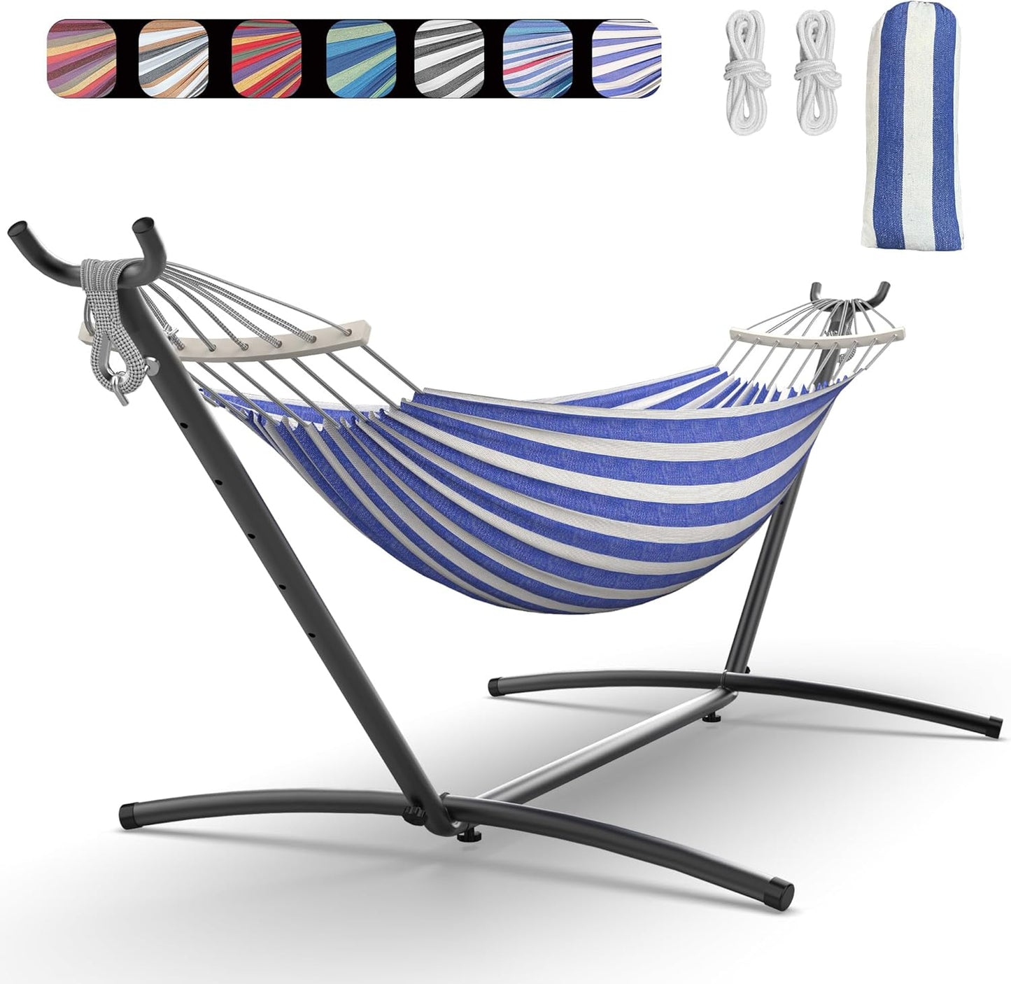 Double Hammock with Heavy-Duty Steel Stand,Portable,Easy Assembly,600lbs Weight Capacity,Perfect for Indoor,Yard,Camping,or Outdoor-Rainbow