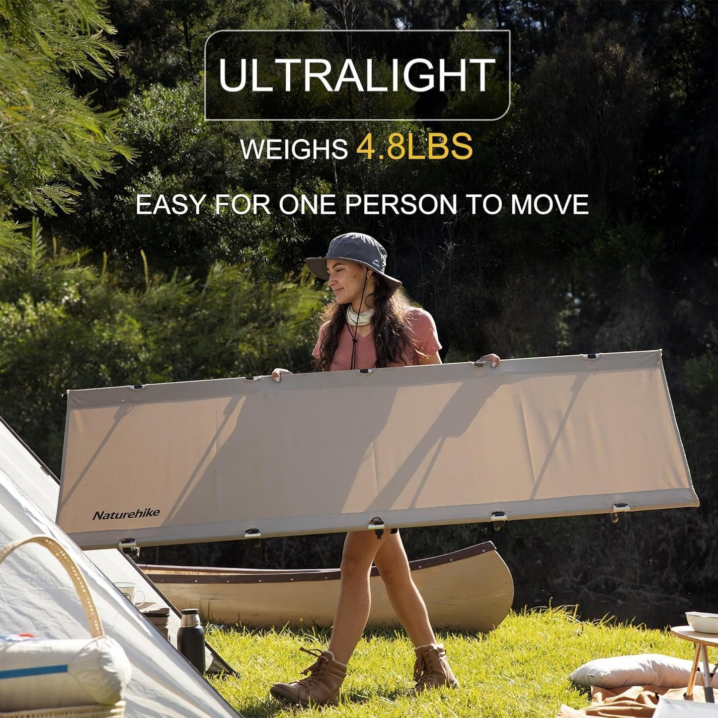 Naturehike Ultralight Camping Cot, Easy to Assemble Folding Tent Cot, Compact & Protable Camping Bed for Camping, Mountaineering, & Hiking, Supports 330lbs with Carry Bag, Kahki