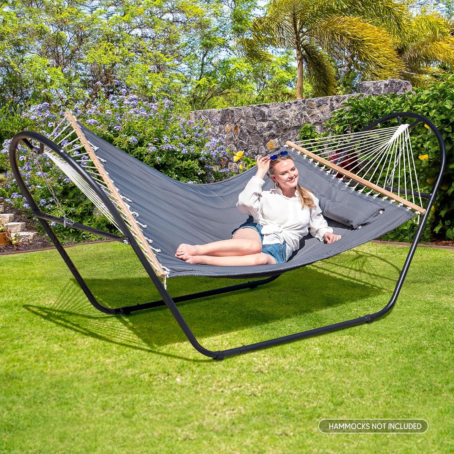 SUNCREAT Universal Steel Outdoor Hammock Stand Only, Heavy Duty, Weather-Resistant Hammock Stand for Outside, Fits 9.5 to 14 Feet Long Hammock, 475-Pound Capacity, Patent Pending, Black