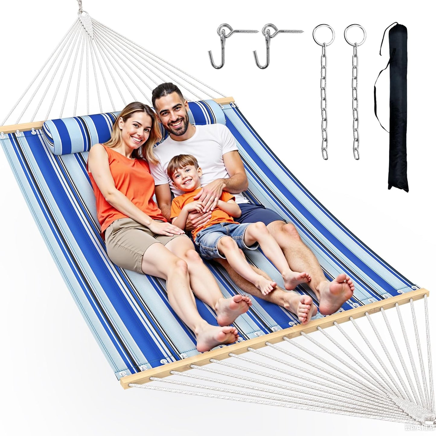 Double Hammock with Spreader Bar,Soft Pillow,Max Load 500lbs,Portable Hammock for Outdoor,Camping,and Backyard,Blue